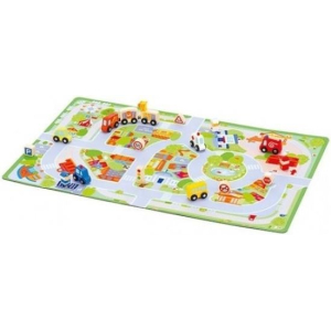 Sevi Play City Ensemble de jeu en bois de 18 pièces avec tapis de jeu enroulable