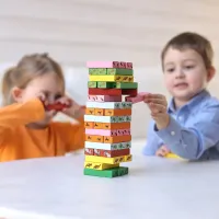 Pippi Longstocking Wooden Tumbling Tower Game – Wooden Stacking Game with Dice – Family Game – Ages 3+