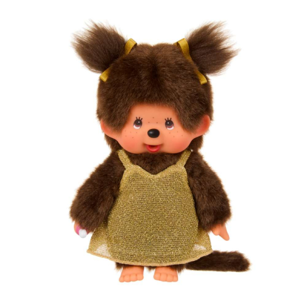 Monchhichi Meisje in gouden glitterjurk 20 cm